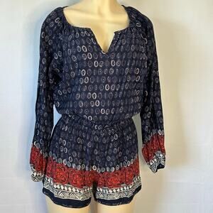 Lilka Anthropologie Boho Navy Printed Long Sleeve Romper Size Small